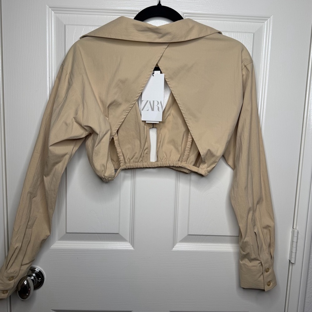 New Zara Cropped Long Sleeve Collar Shirt In Nude Cream Size Small - Picture 3 of 10